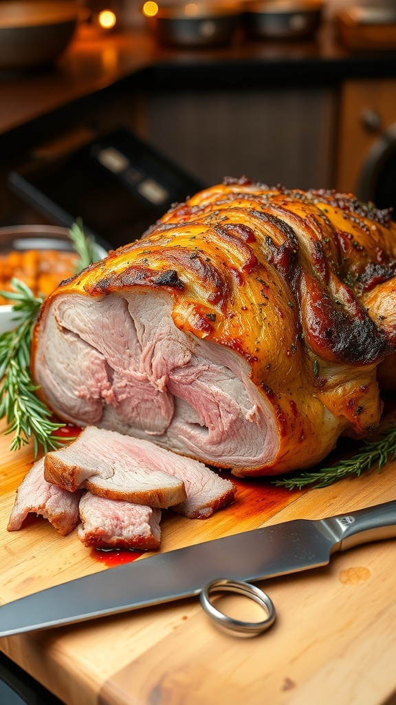 A succulent herb seasoned beef roast on a cutting board with fresh herbs, ready to be sliced.